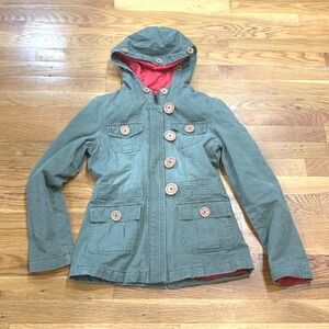 Vintage Split USA Womens Utility Jacket Olive Green Hooded Quilted Red Lining XS